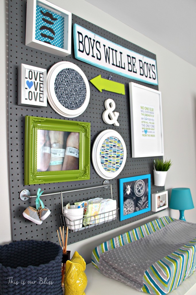 Little boy nursery pegboard gallery wall - DIY nursery decor - navy green & gray - This is our Bliss 3