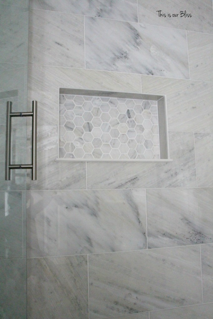 TIOB basement project - basement bathroom - marble tile & marble hexagon niche - This is our Bliss