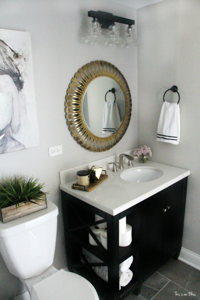 Basement bathroom reveal | gray tile marble neutral bathroom decor black white gold and gray bathroom || This is our Bliss