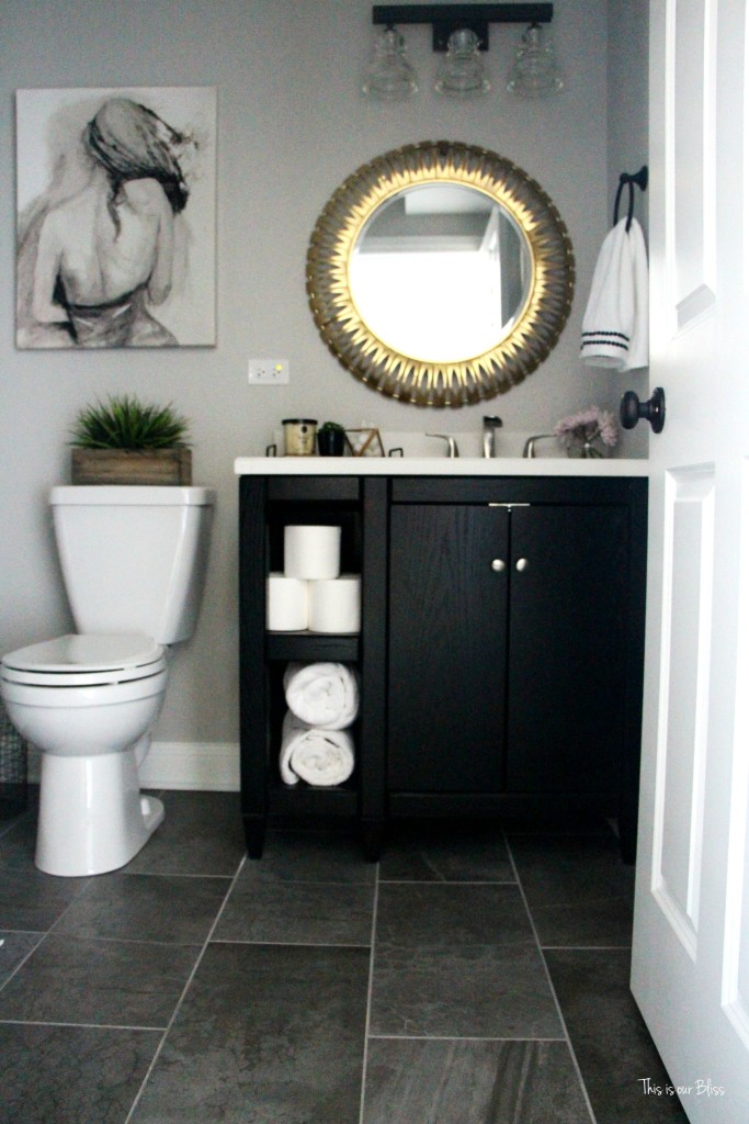 neutral glam bathroom |bathroom decor | marble shower black vanity gold mirror | gray tile || This is our Bliss