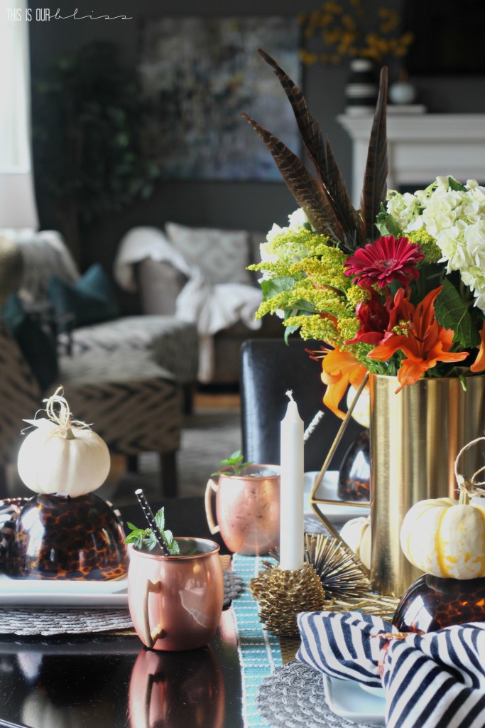 A Simple, Casual Fall Tablescape with texture, pattern and pops of warm copper and gold | This is our Bliss | www.thisisourbliss.com