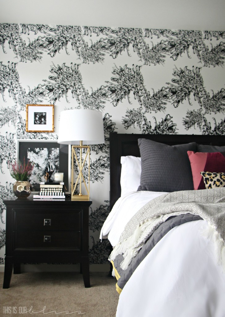 Bedroom Wallpapered accent wall | Glam Master Bedroom | This is our Bliss | www.thisisourbliss.com