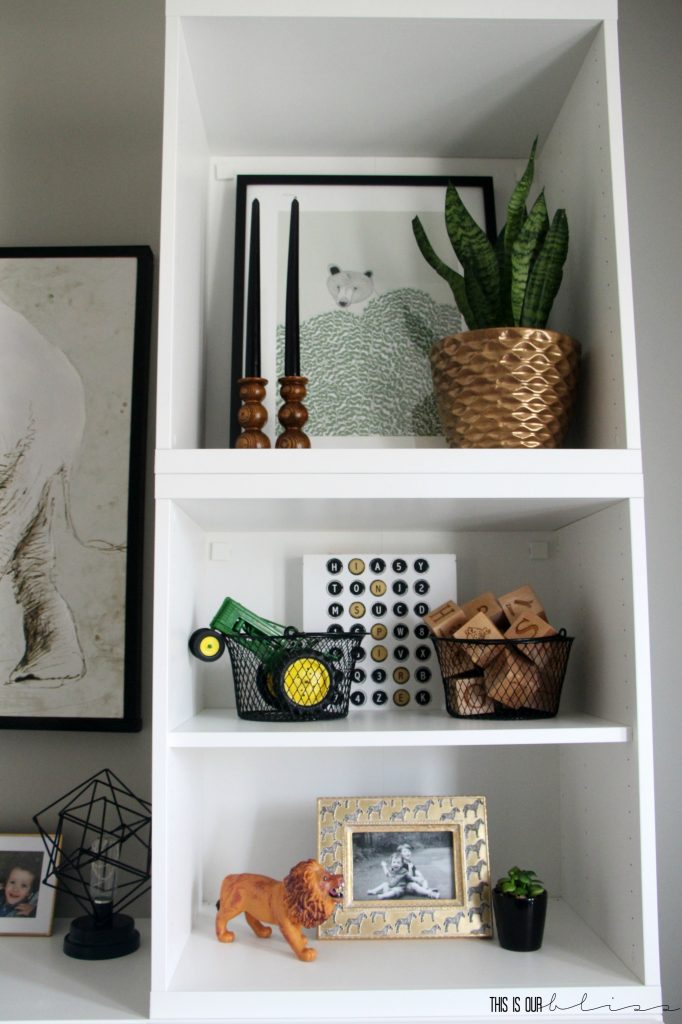 Bold-modern-playroom-reveal-shelf-styling-with-plants-and-wood accents This is our Bliss
