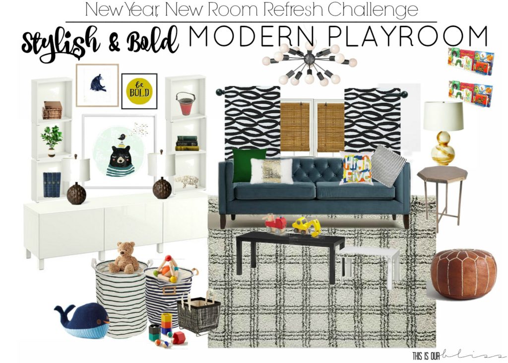 Stylish and Bold Modern Playroom Design Board | Functional Storage and seating for the Playroom | This is our Bliss