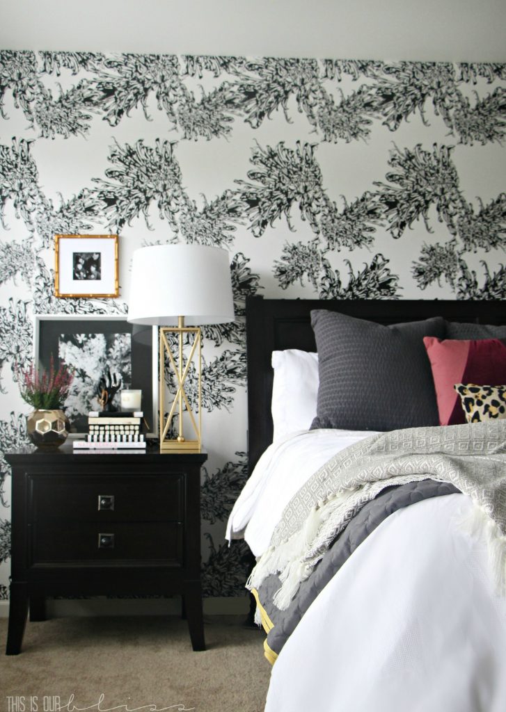 Master Bedroom Accent wall with Wallpaper | The beginning stages of a Chic Modern Eclectic Room Refresh | www.thisisourbliss.com