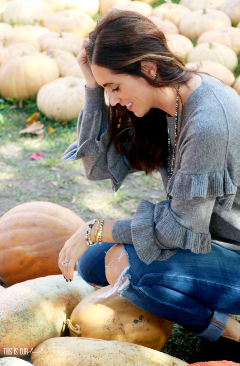 Gray Ruffle Sweater at the Pumpkin Patch! This is our Bliss Ruffle Favorites