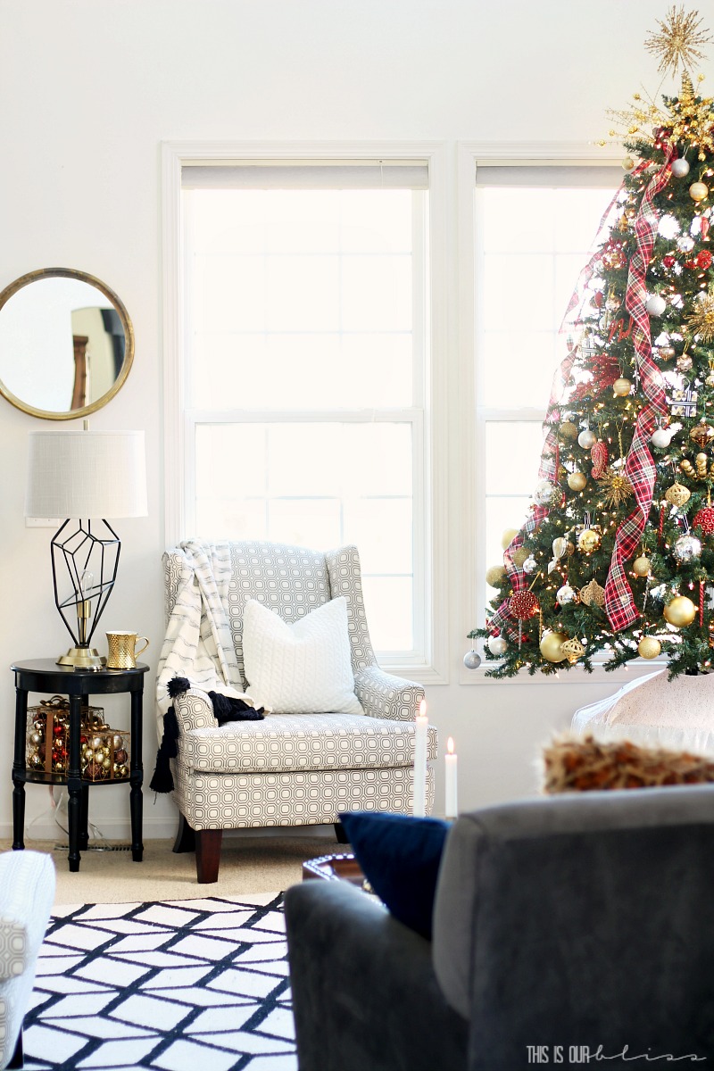 Pretty in Plaid Christmas Living Room - subtle pops of red among all the metallics!