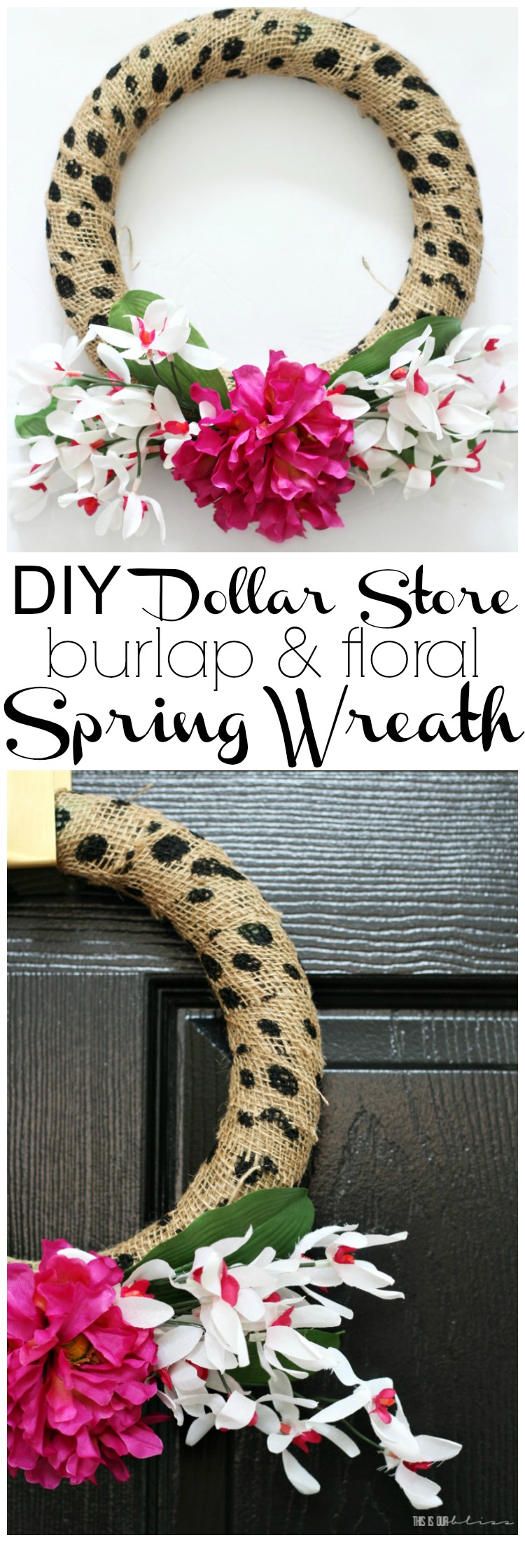 My Dollar Store DIY - DIY Polka Dot Burlap & Faux Floral Spring Wreath