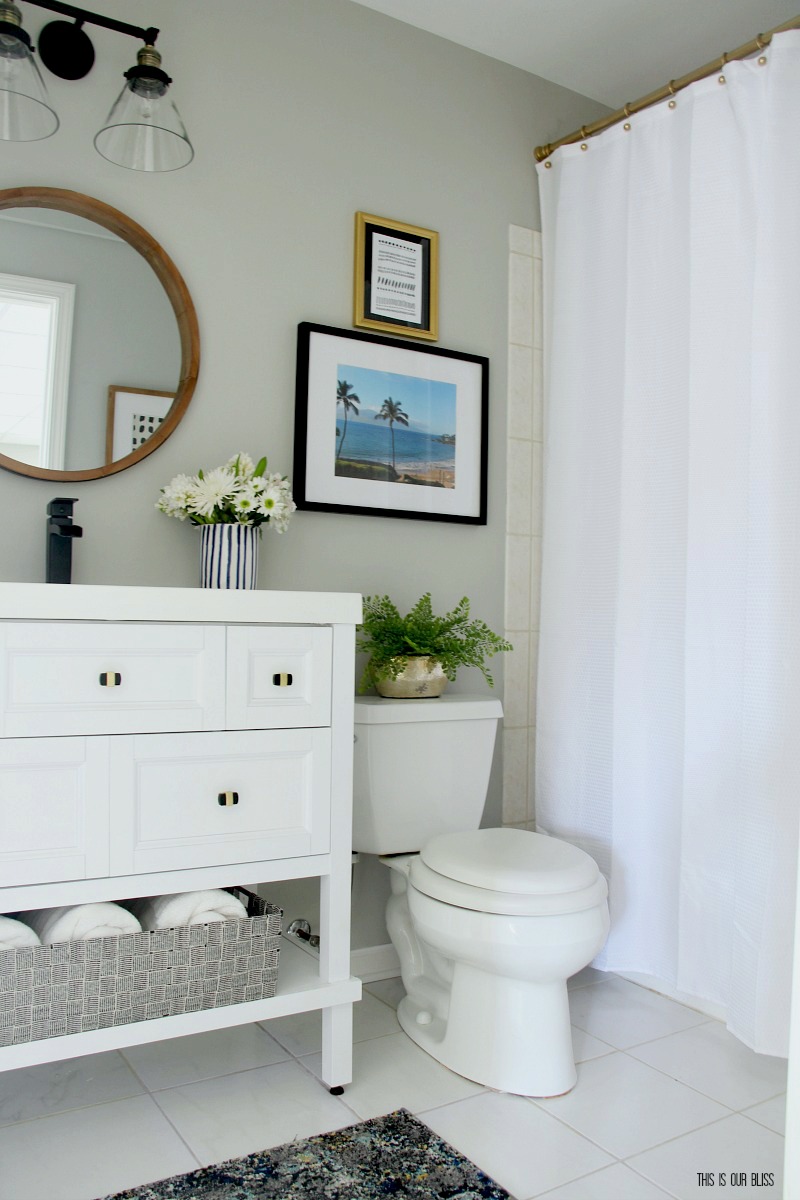 Modern Bold and Beachy Basement Guest Bathroom Update Reveal - Primp and Pamper Bathroom Refresh Challenge - This is our Bliss