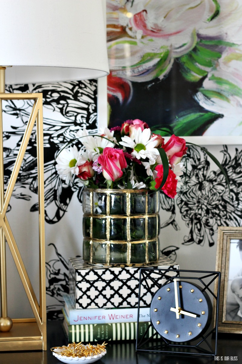 Master Bedroom nightstand styling with color flowers abstract art - This is our Bliss