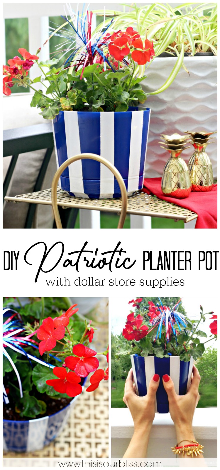 DIY Dollar Store Blue and White Striped Planter Pot | My Dollar Store DIY Series || This is our Bliss