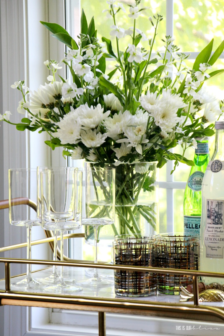 Simple and Stylish Summer Bar Cart with Green gold and a hint of Blue | This is our Bliss