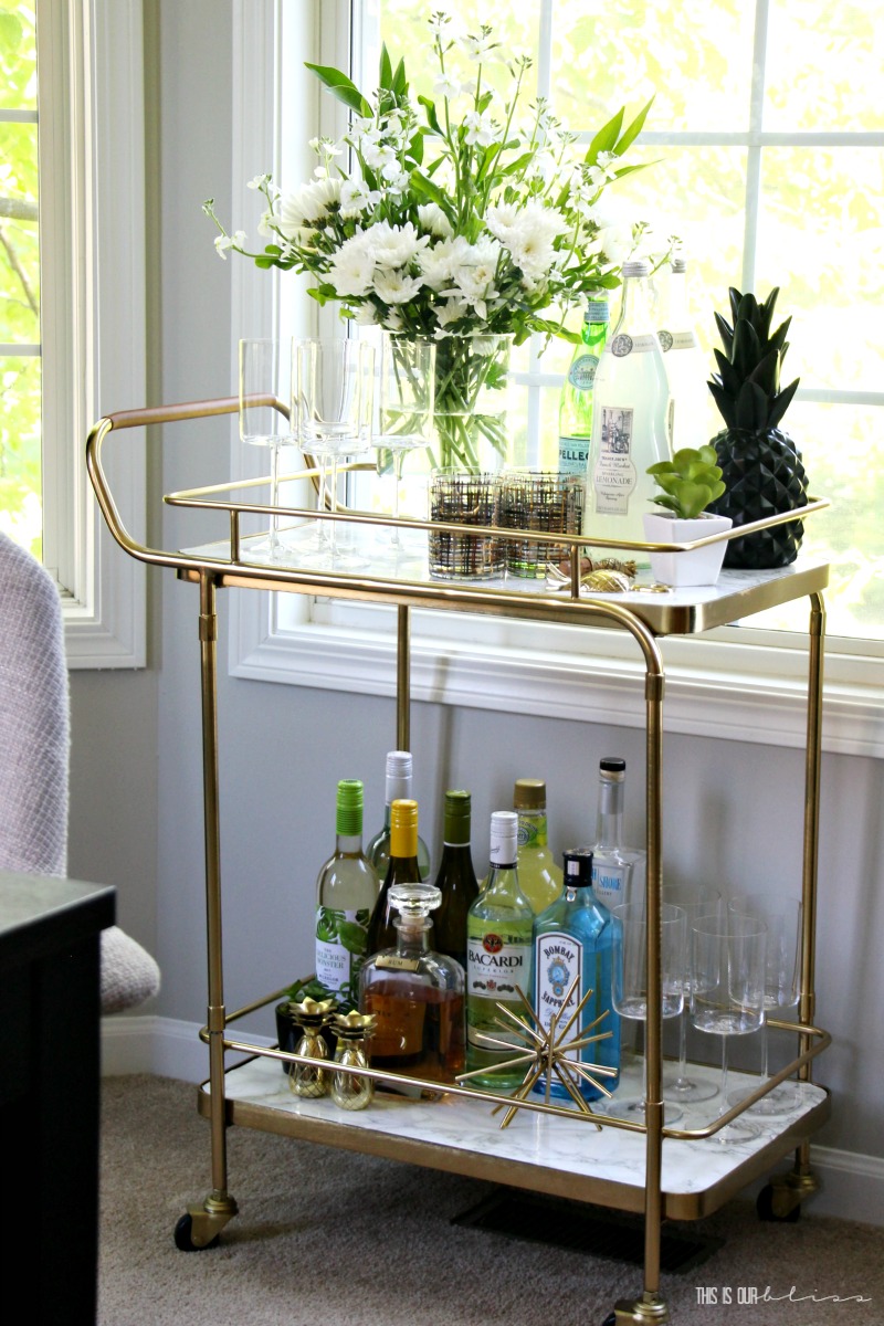 Simple and Stylish Summer Bar Cart with Green gold and a hint of Blue | This is our Bliss