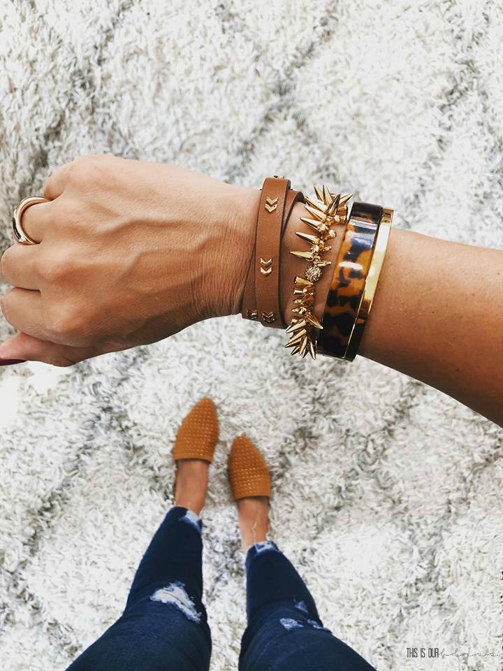 Arm party inspiration - tan leather, gold and tortoise bracelet layering ideas - This is our Bliss