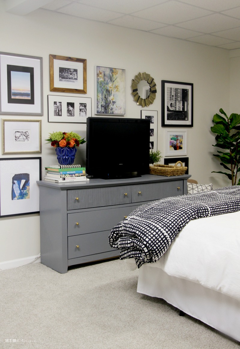Basement Guestroom Reveal - Basement Bedroom Makeover with painted dresser and TV Gallery Wall - $100 Room Challenge - This is our Bliss