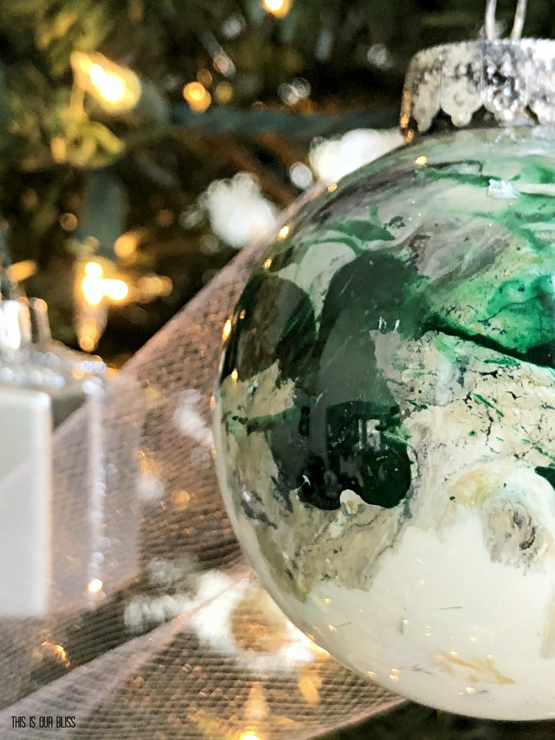 DIY Marbled Christmas Ornament with green white black gold - This is our Bliss