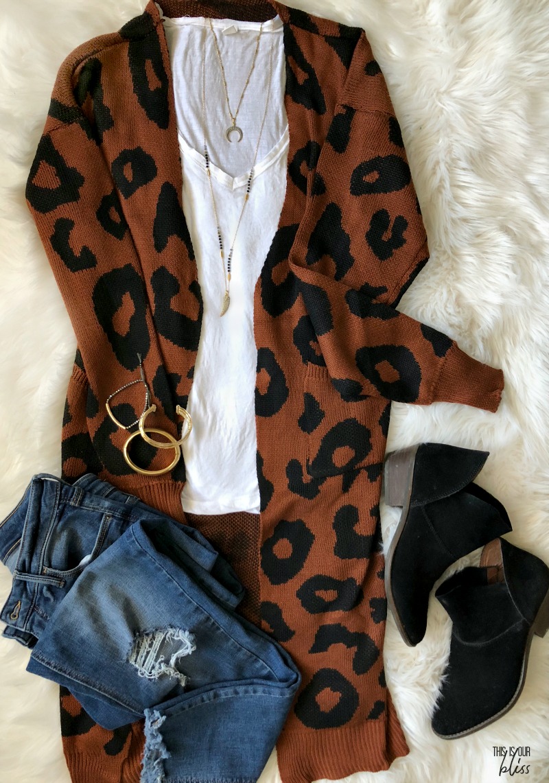 rust leopard cardigan with white tee and jeans black booties - This is our Bliss