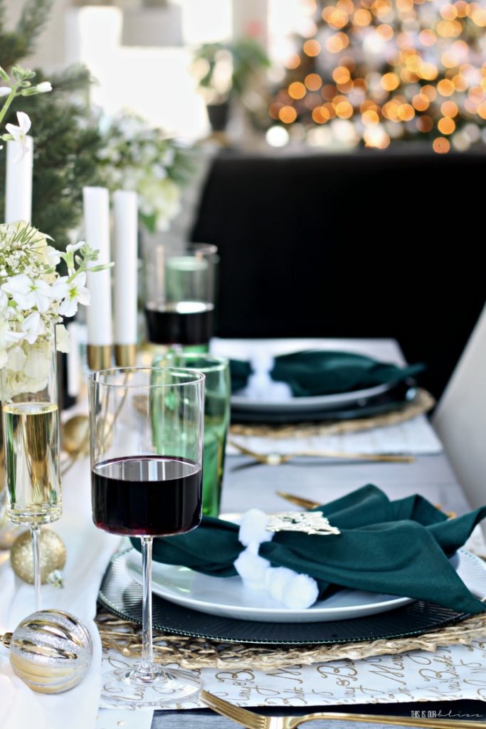 Christmas Tablescape - green gold and white - serving wine and champagne holiday hosting - This is our Bliss