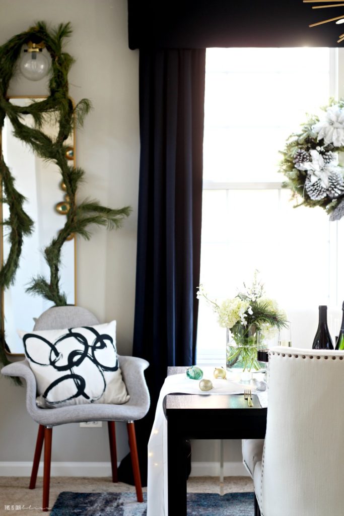 Christmas dining room with green white and gold - navy curtain panels - This is our Bliss