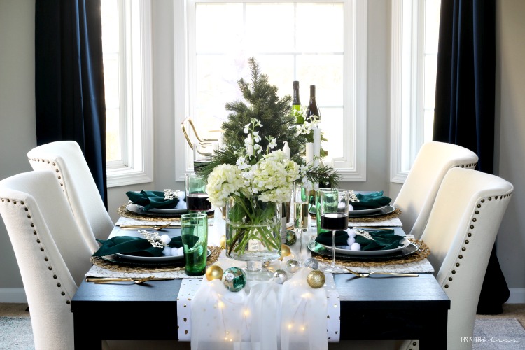 Dining Room decorated for Christmas - Holiday hosting - Green white and gold Christmas table - This is our Bliss