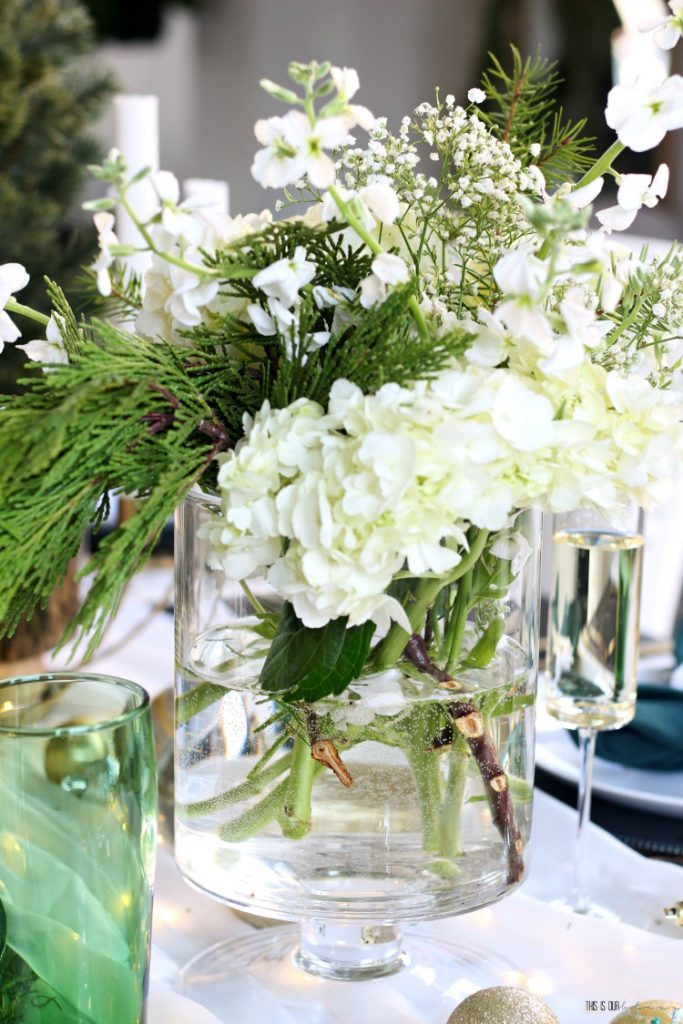 Fresh clippings with hydrangeas and baby's breath on Christmas Tablescape - This is our Bliss