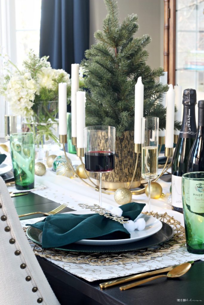 Green gold and white Christmas Tablescape in the dining room - This is our Bliss