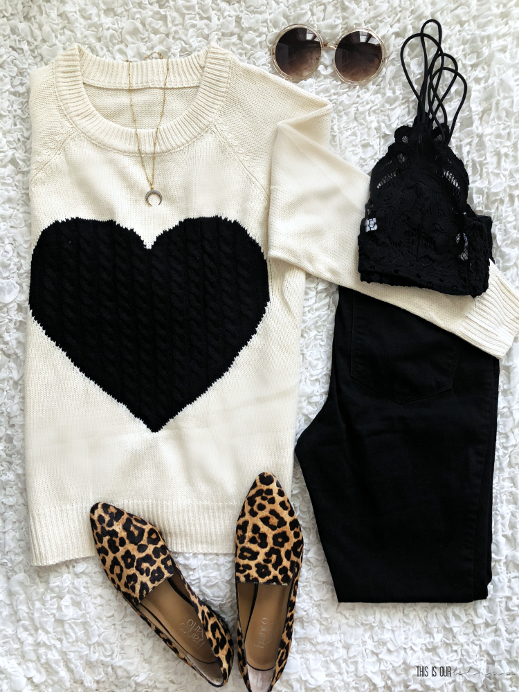 Casual Chic Style Vol. 1 - cute and casual every day outfit ideas - cream and black heart sweater black skinny jeans leopard loafers - This is our Bliss