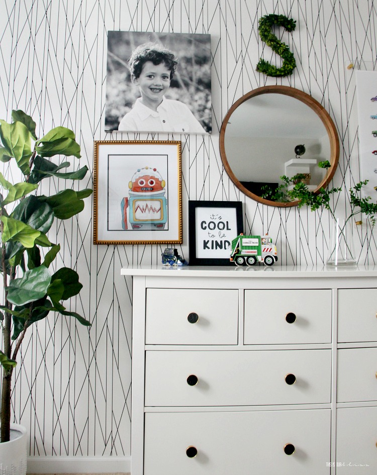 Playful and pattern-happy Big Boy Room - Black and white geometric wallpaper accent wall with gallery wall of art frames - Fiddle leaf fig - This is our Bliss