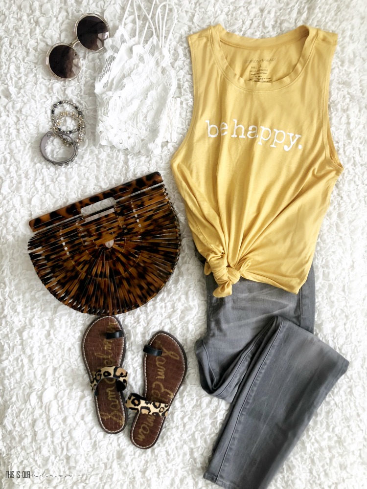 5 ways to wear a Typography Tank Top for Spring - Be Happy Tank top with gray jeans and leopard sandals - This is our Bliss