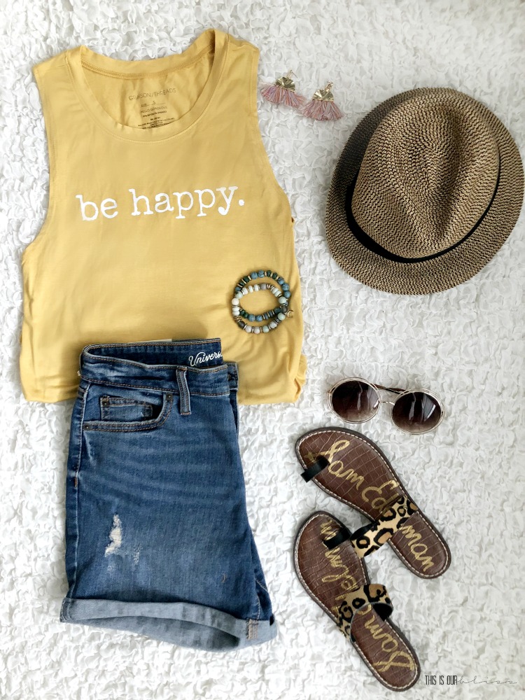5 ways to wear a Typography Tank Top this Spring - be happy tank top jean shorts straw hat leopard sandalspink fringe tassel earrings - This is our Bliss