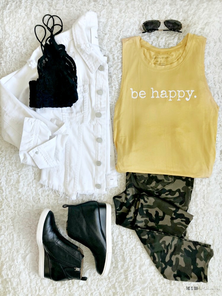 5 ways to wear a Typography tank top this Spring - be happy tank top with camo pants white jean jacket black high top sneaker wedges - This is our Bliss