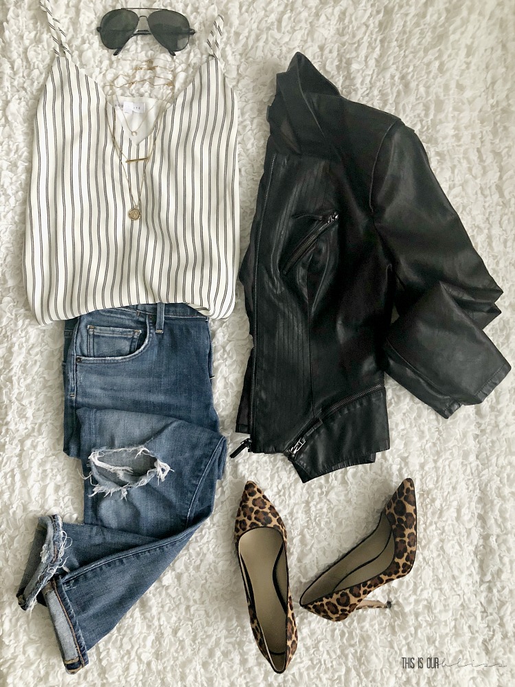 Casual Chic Style - black moto jacket boyfriend jeans striped cami leopard pumps - simple stylish date night look - This is our Bliss