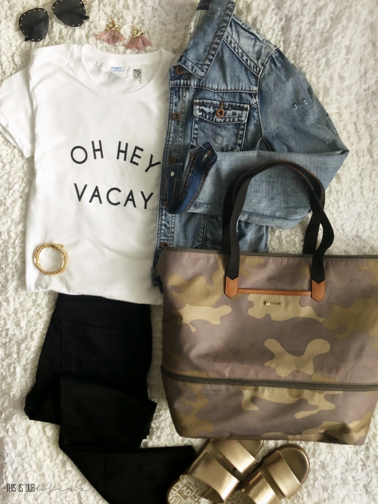 Casual Chic Style - camo bag oh hey vacay shirt - jean jacket gold sandals - simple stylish outfit ideas for Spring and summer - This is our Bliss