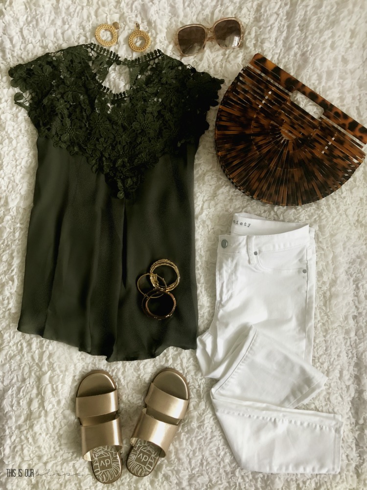 Casual Chic Style - olive lace tank tortoise clutch white jeans gold sandals - This is our Bliss