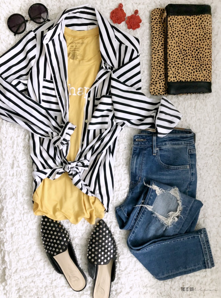 How to wear a Typography Tank top this Spring - black white striped button shirt be happy tank top leopard clutch busted knee levi's studded mules color pop earrings - This is our Bliss