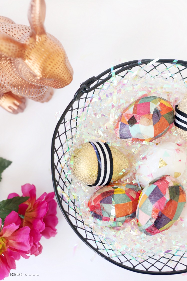 bright and colorful mod podge Easter eggs with tissue paper and napkins - This is our Bliss