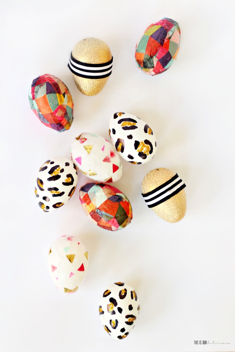 bright and colorful mod podge easter eggs with dollar store supplies - leopard eggs mosaic eggs - This is our Bliss