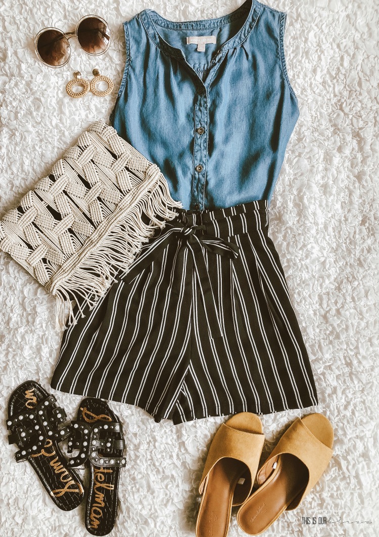 Casual Chic Style volume 3 - chambray sleeveless top with black and white striped shorts mustard block heels and ivory and black macrame clutch - This is our Bliss