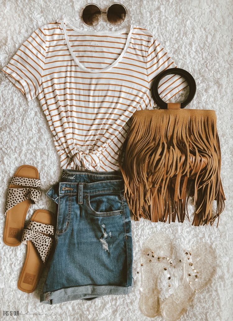 Casual chic style volume 3 - striped tee jean shorts boho fringe back studded jelly sandals leopard sandals - simple and stylish spring and Summer outfit ideas - This is our Bliss