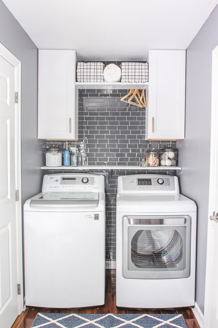 tiny laundry room ideas with gray and white