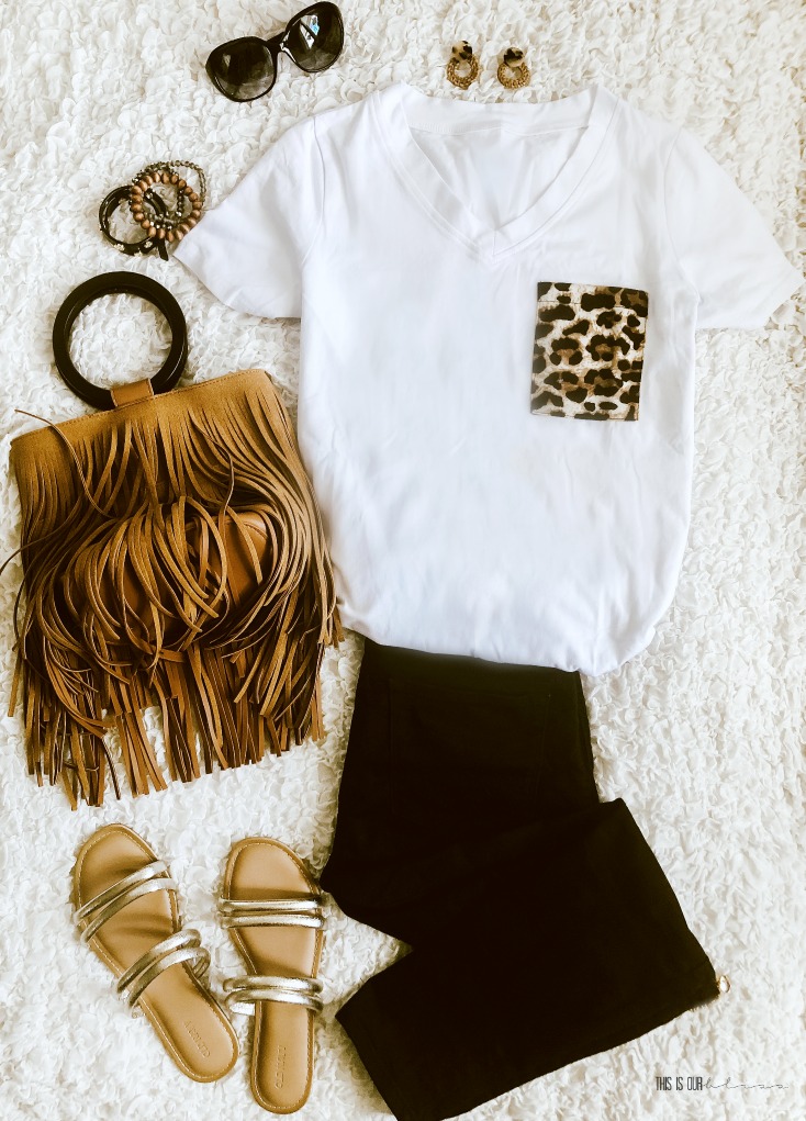 Casual Chic Style - Leopard pocket tee - white v neck t-shirt with pop of leopard - neutral simple stylish Summer outfit idea - This is our Bliss