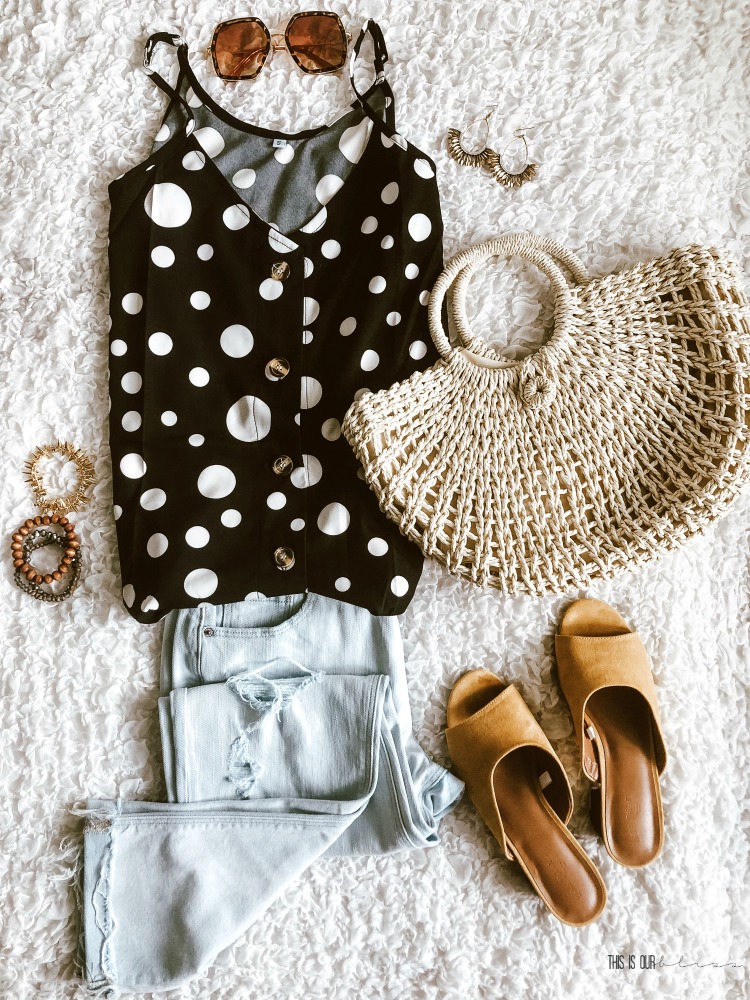 Casual Chic Style - simple and stylish Summer outfit ideas - polka dot tank with boyfriend jeans and straw bag - This is our Bliss