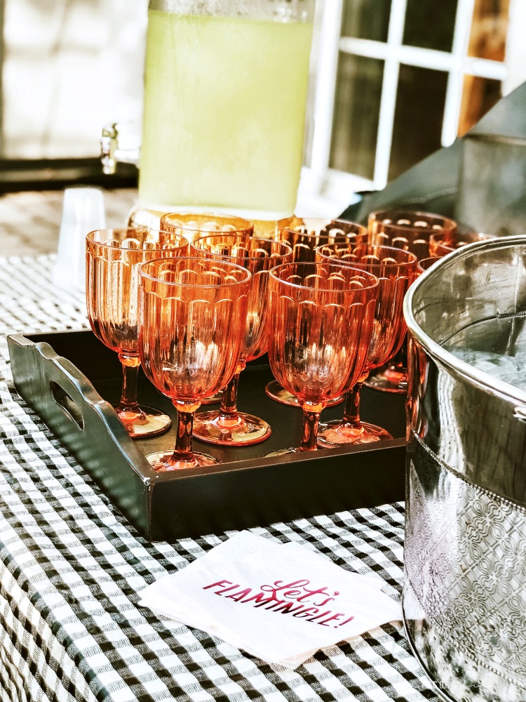 Flamingo party drink station set-up with lemonade and pink melamine glasses - This is our Bliss