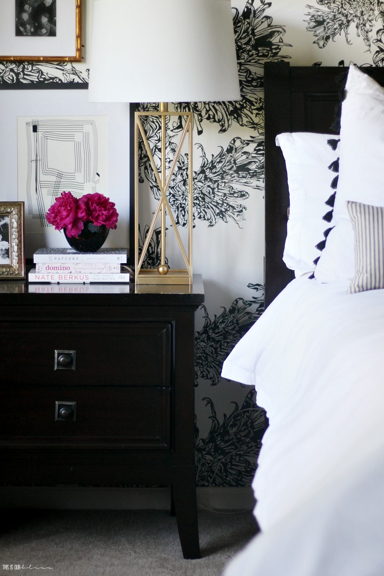 Fresh peonies in the bedroom - nightstand styling ideas with flowers - Nightstand styling with books art flowers - This is our Bliss