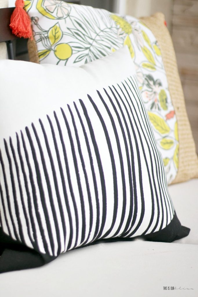 Outdoor pillows for a pop of color and personality - front porch decor for Summer - This is our Bliss