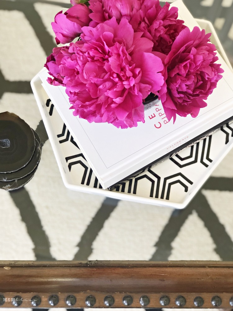 Pink peonies coffee table decor - Summer decorating with neutrals and pink - This is our Bliss