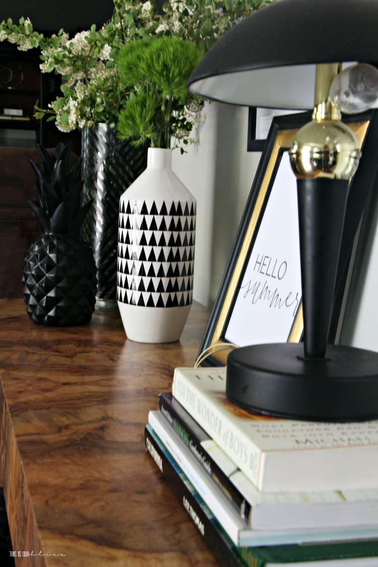 Simple neutral glam console table vignette for Summer - Summer styling ideas - This is our Bliss
