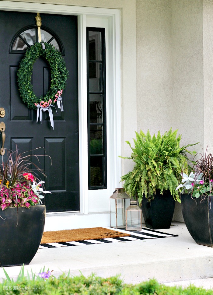 Summer Front Porch Tour - Seasonal Simplicity Summer Series - Black door and black planters - This is our Bliss