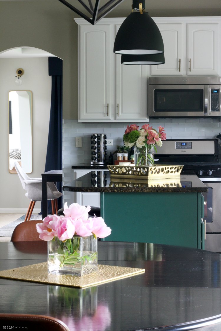 Summer Home Tour 2019 - Green Kitchen cabinets with fresh flowers for Summer decorating - This is our Bliss