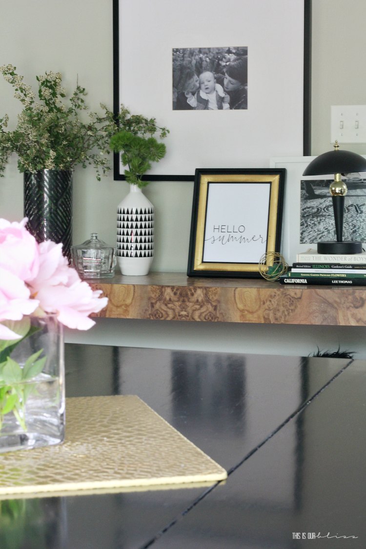 Summer Home Tour 2019 - black white and gold vignette on thrifted table - This is our Bliss